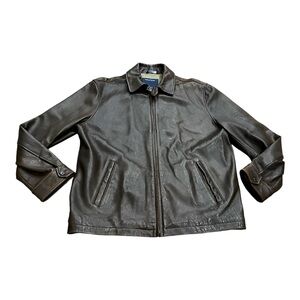 Nautica Mens Brown Leather Jacket Size Large, Collared, Pockets, Lined, Casual
